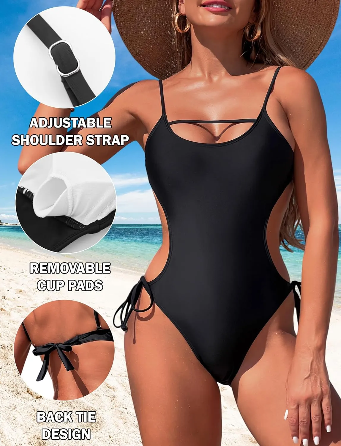 SEAUR Women's One Piece Swimsuit Scoop Neck Swimwear Side Tie Backless Bathing Suit Adjustable Straps Swimwear