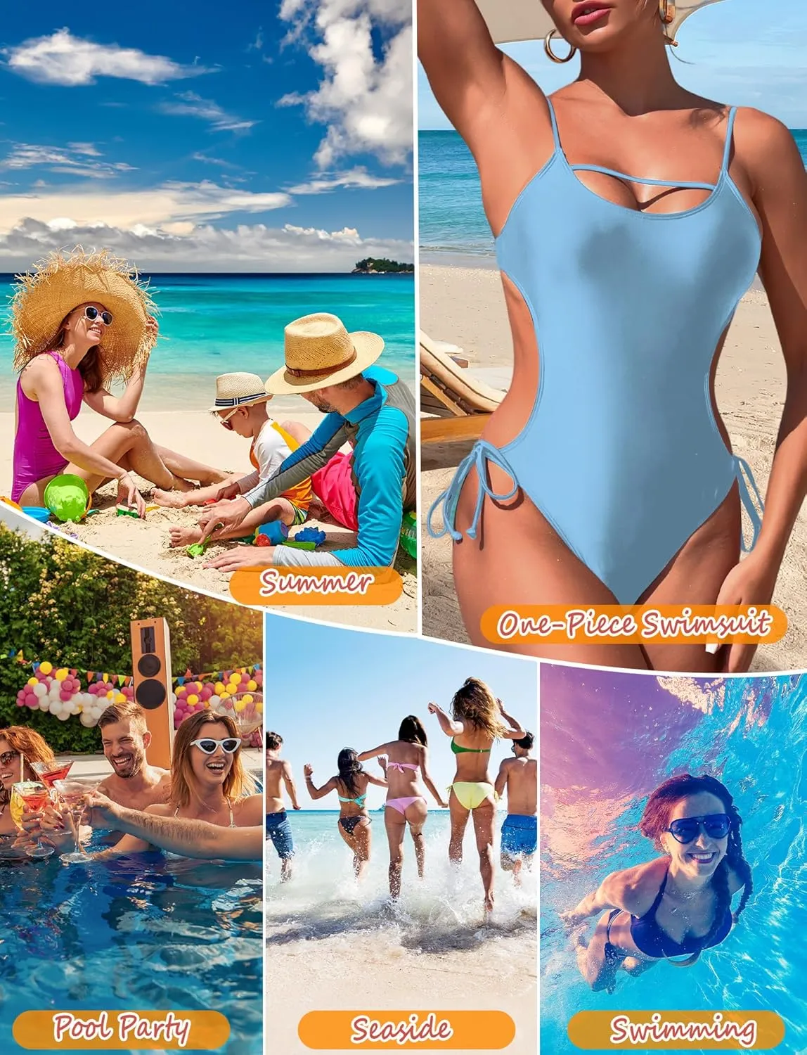 SEAUR Women's One Piece Swimsuit Scoop Neck Swimwear Side Tie Backless Bathing Suit Adjustable Straps Swimwear