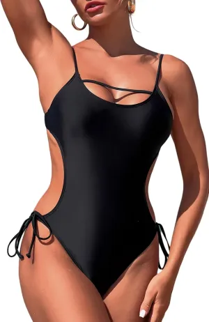 SEAUR Women's One Piece Swimsuit Scoop Neck Swimwear Side Tie Backless Bathing Suit Adjustable Straps Swimwear