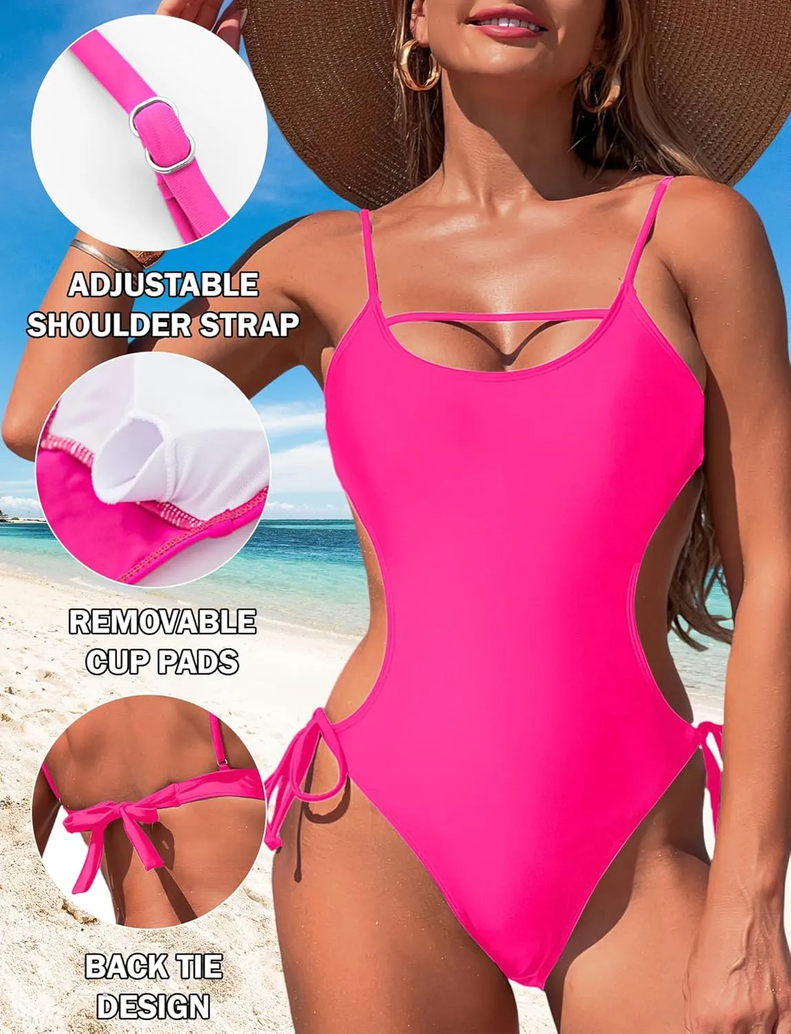 SEAUR Women's One Piece Swimsuit Scoop Neck Swimwear Side Tie Backless Bathing Suit Adjustable Straps Swimwear