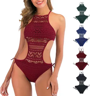 Sexy One Piece Swimsuit for Women Hollow Out Crochet Bathing Suit Side Tie Cutout Swimwear Backless 1 Piece Swim Suits