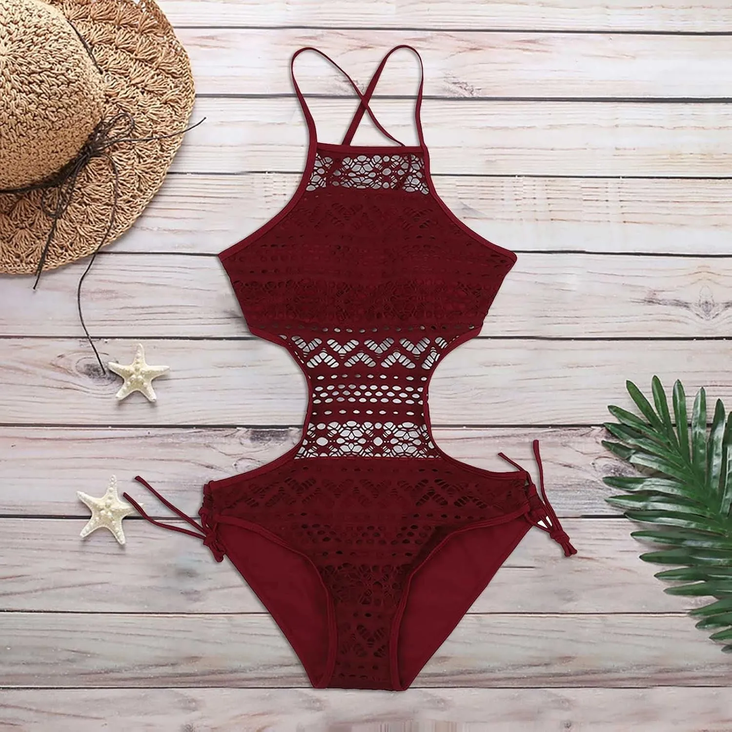 Sexy One Piece Swimsuit for Women Hollow Out Crochet Bathing Suit Side Tie Cutout Swimwear Backless 1 Piece Swim Suits