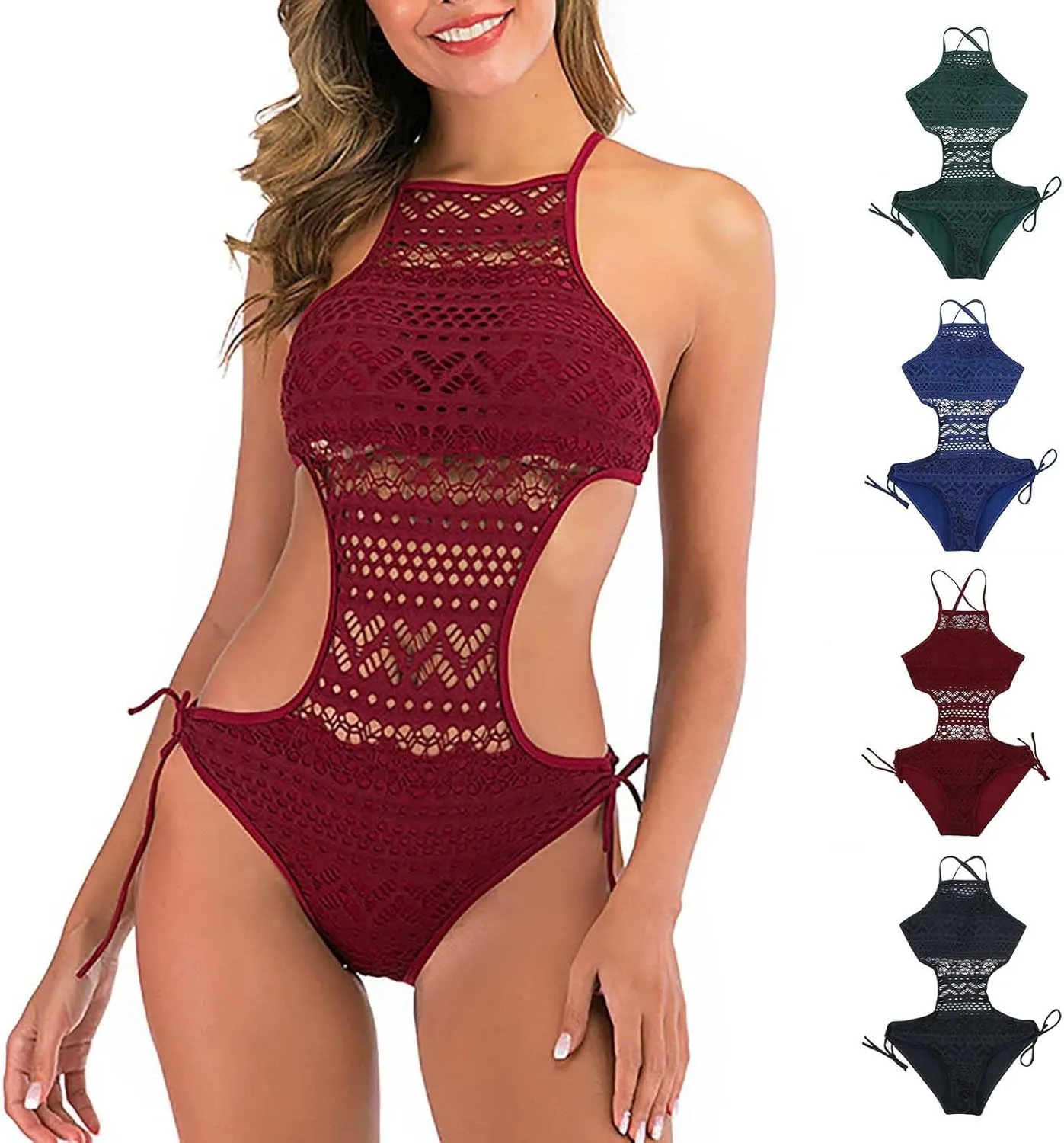 Sexy One Piece Swimsuit for Women Hollow Out Crochet Bathing Suit Side Tie Cutout Swimwear Backless 1 Piece Swim Suits