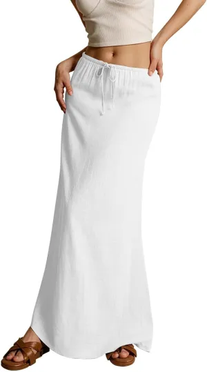 Skirts for Women Comfy Drawstring Low Rise Womens Linen Maxi Skirt with Slit Plus Size Long Flowy Skirts Summer