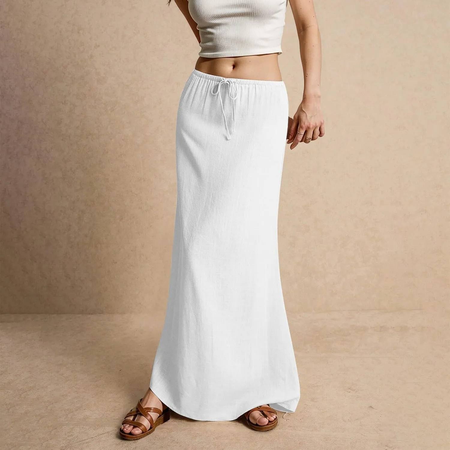 Skirts for Women Comfy Drawstring Low Rise Womens Linen Maxi Skirt with Slit Plus Size Long Flowy Skirts Summer