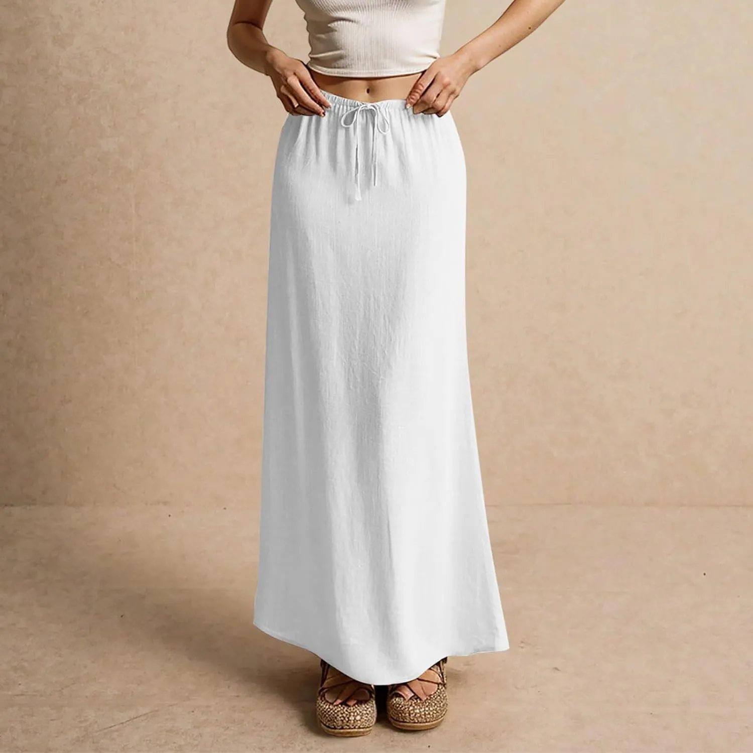 Skirts for Women Comfy Drawstring Low Rise Womens Linen Maxi Skirt with Slit Plus Size Long Flowy Skirts Summer