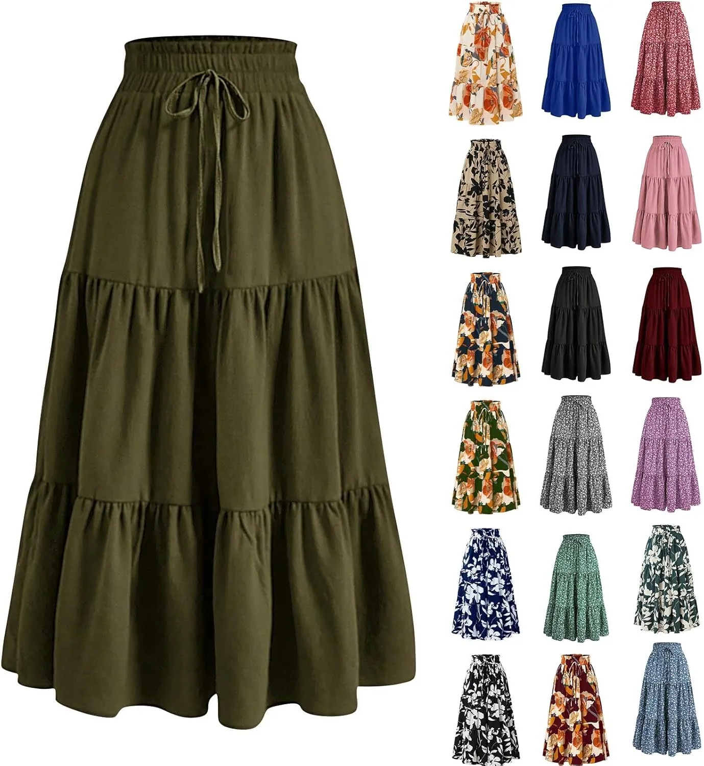 Skirts for Women Trendy Summer Tiered Elastic High Waisted Floral Skirt Vacation A Line Drawstring Flowy Long Skirts