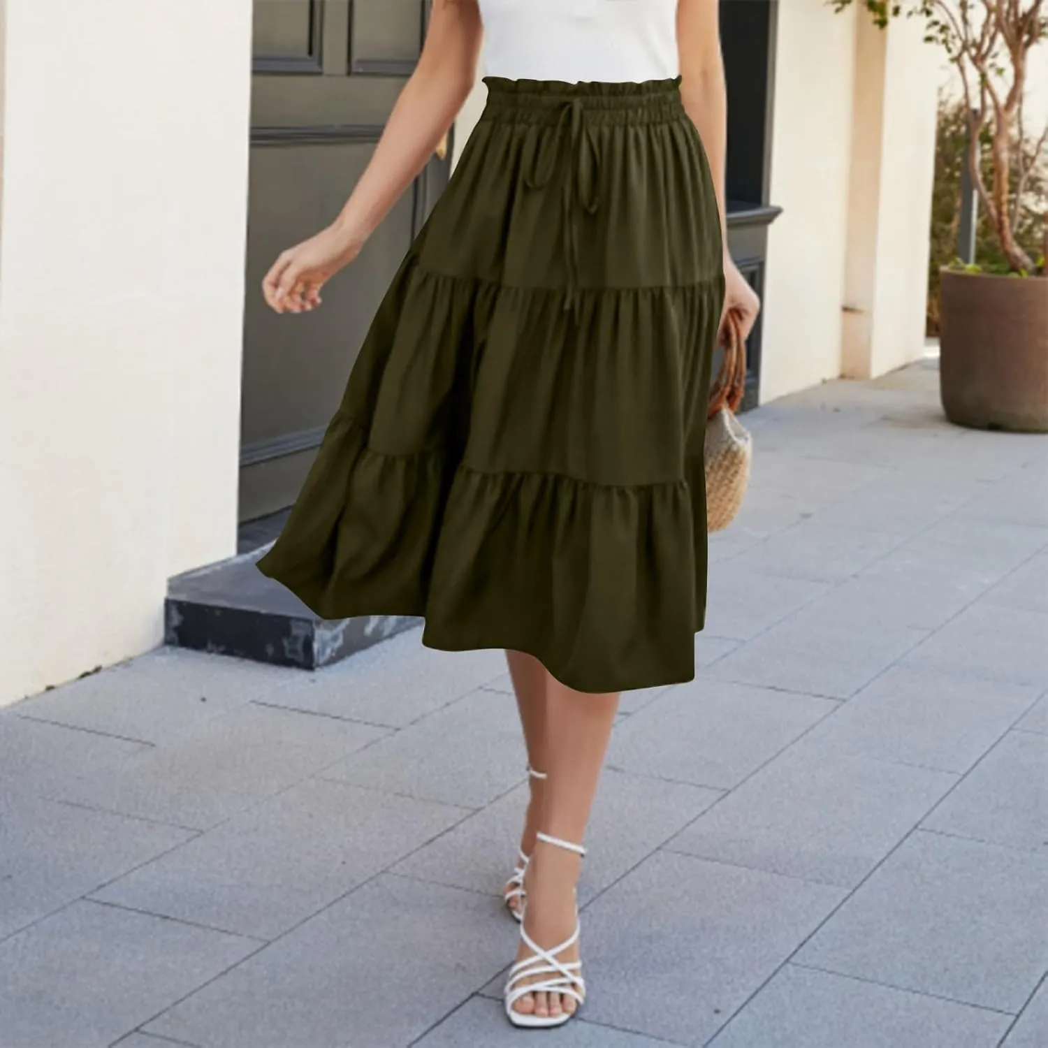 Skirts for Women Trendy Summer Tiered Elastic High Waisted Floral Skirt Vacation A Line Drawstring Flowy Long Skirts