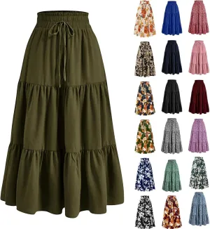 Skirts for Women Trendy Summer Tiered Elastic High Waisted Floral Skirt Vacation A Line Drawstring Flowy Long Skirts