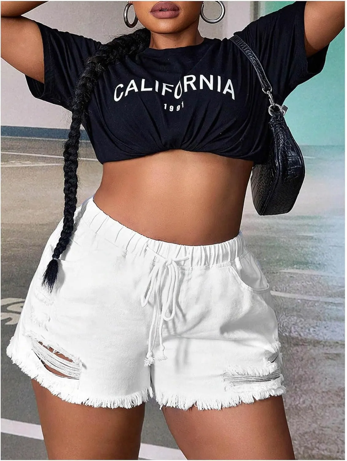 SOLY HUX Women's Plus Size High Waisted Ripped Denim Shorts Drawstring Loose Short Jeans