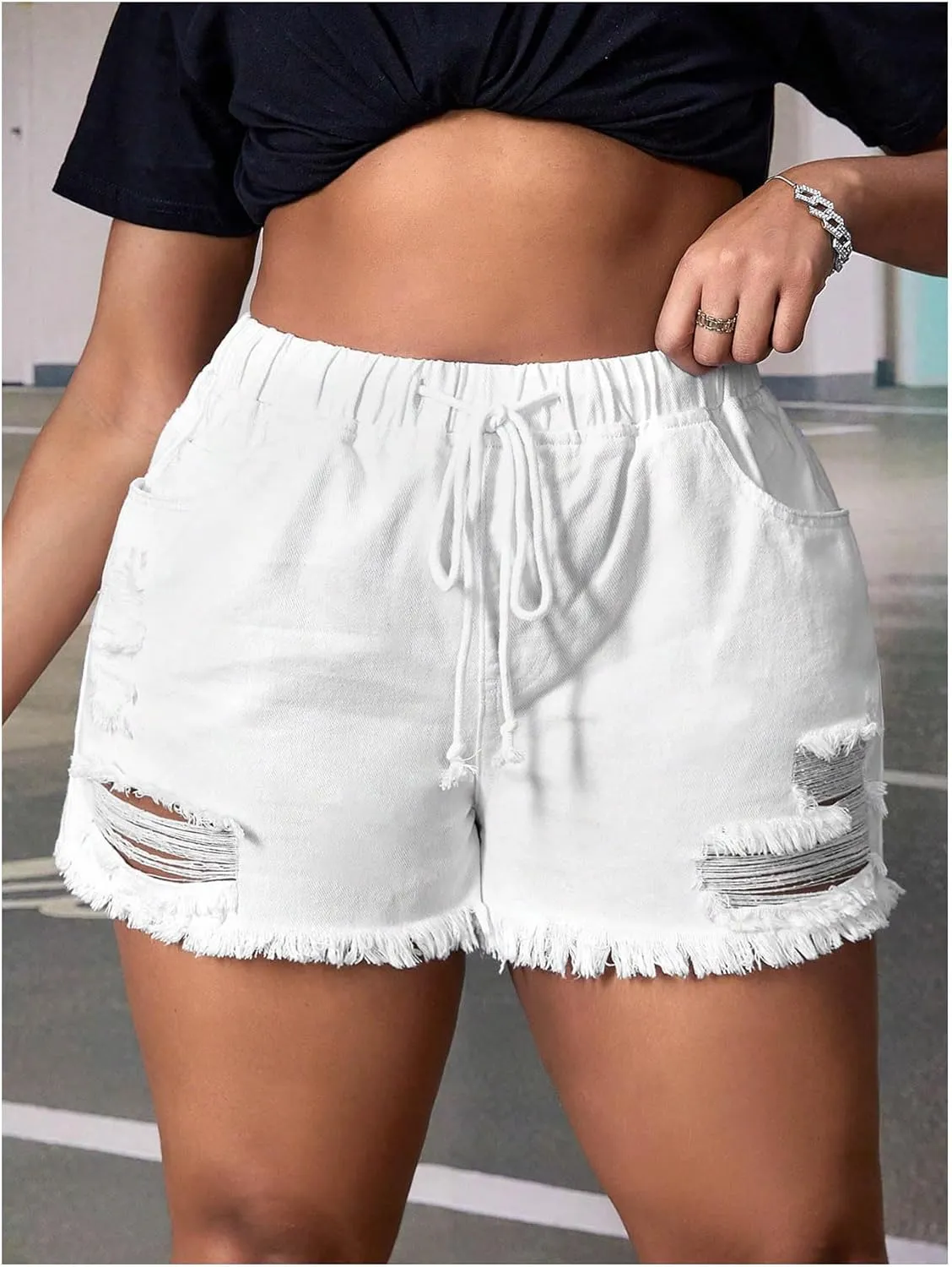 SOLY HUX Women's Plus Size High Waisted Ripped Denim Shorts Drawstring Loose Short Jeans