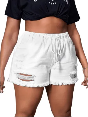 SOLY HUX Women's Plus Size High Waisted Ripped Denim Shorts Drawstring Loose Short Jeans