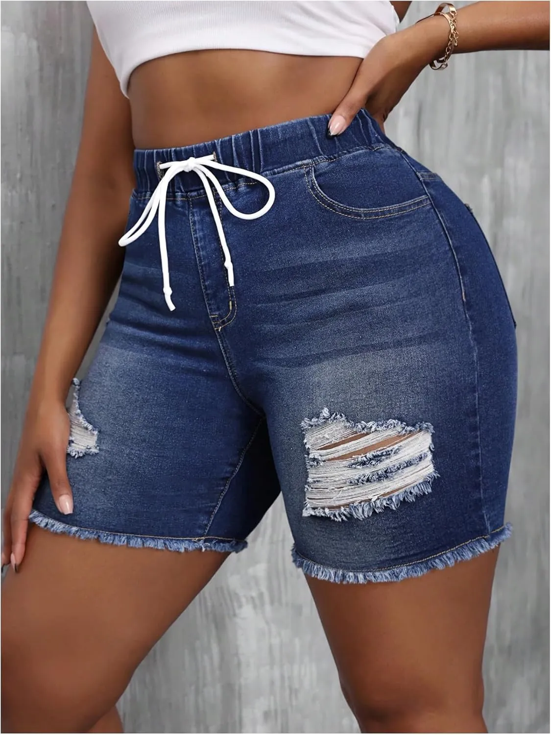 SOLY HUX Women's Plus Size Ripped Denim Shorts Distressed Drawstring High Waisted Skinny Jean Short Pants