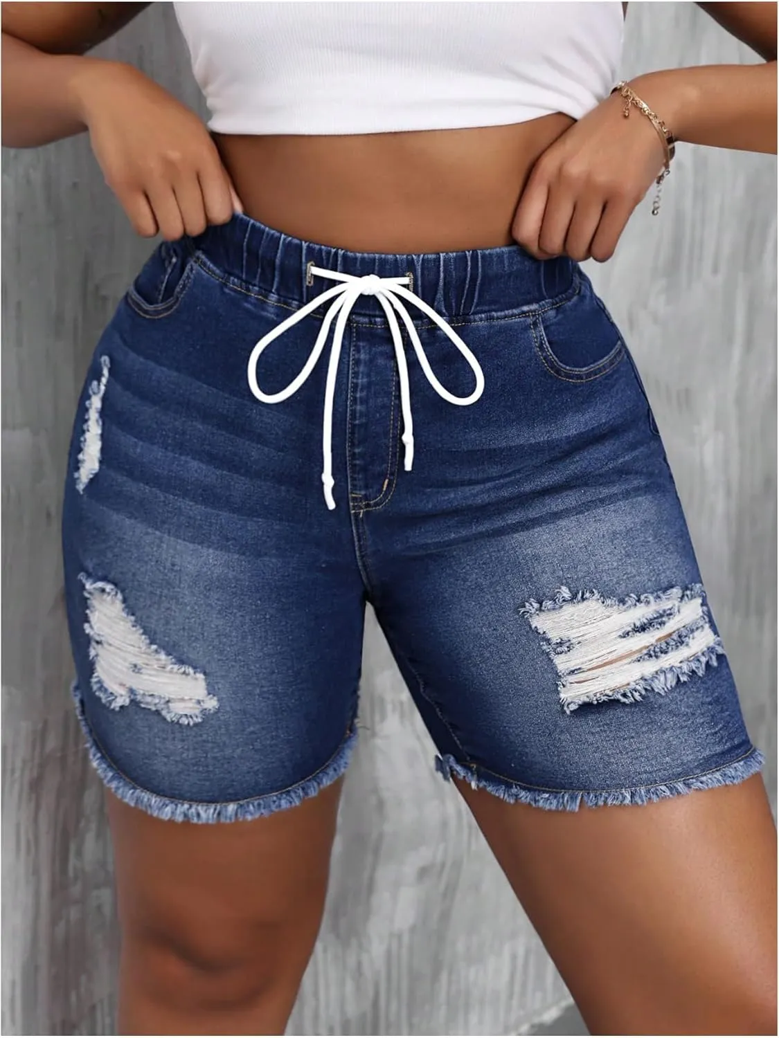 SOLY HUX Women's Plus Size Ripped Denim Shorts Distressed Drawstring High Waisted Skinny Jean Short Pants