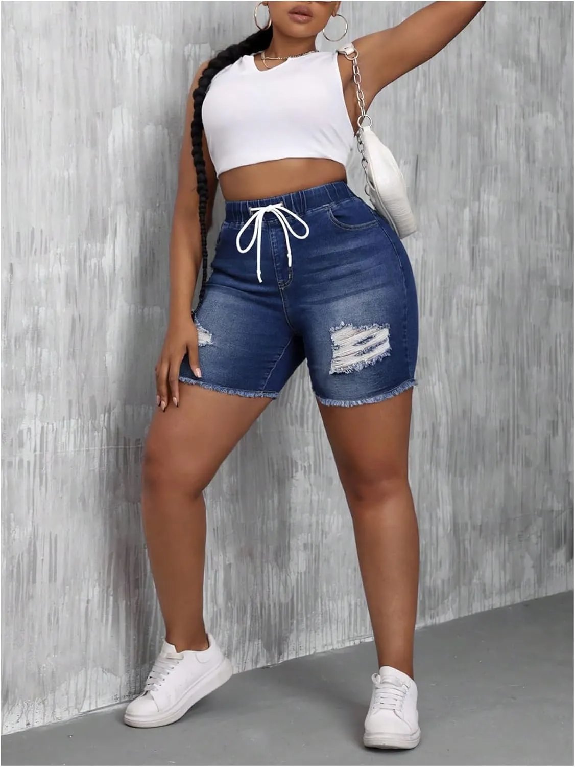 SOLY HUX Women's Plus Size Ripped Denim Shorts Distressed Drawstring High Waisted Skinny Jean Short Pants
