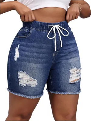 SOLY HUX Women's Plus Size Ripped Denim Shorts Distressed Drawstring High Waisted Skinny Jean Short Pants