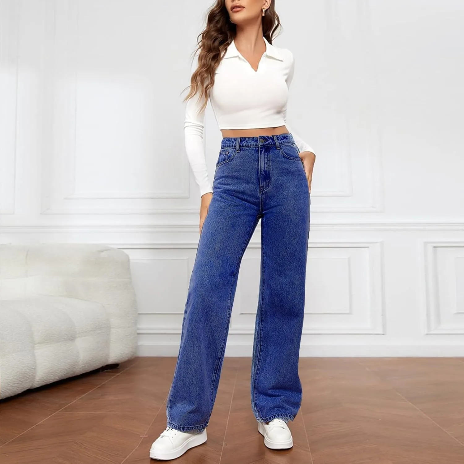 Straight Leg Jeans for Women,Trendy Retro High Waisted Wide Leg Stretch Boyfriend Denim Pants