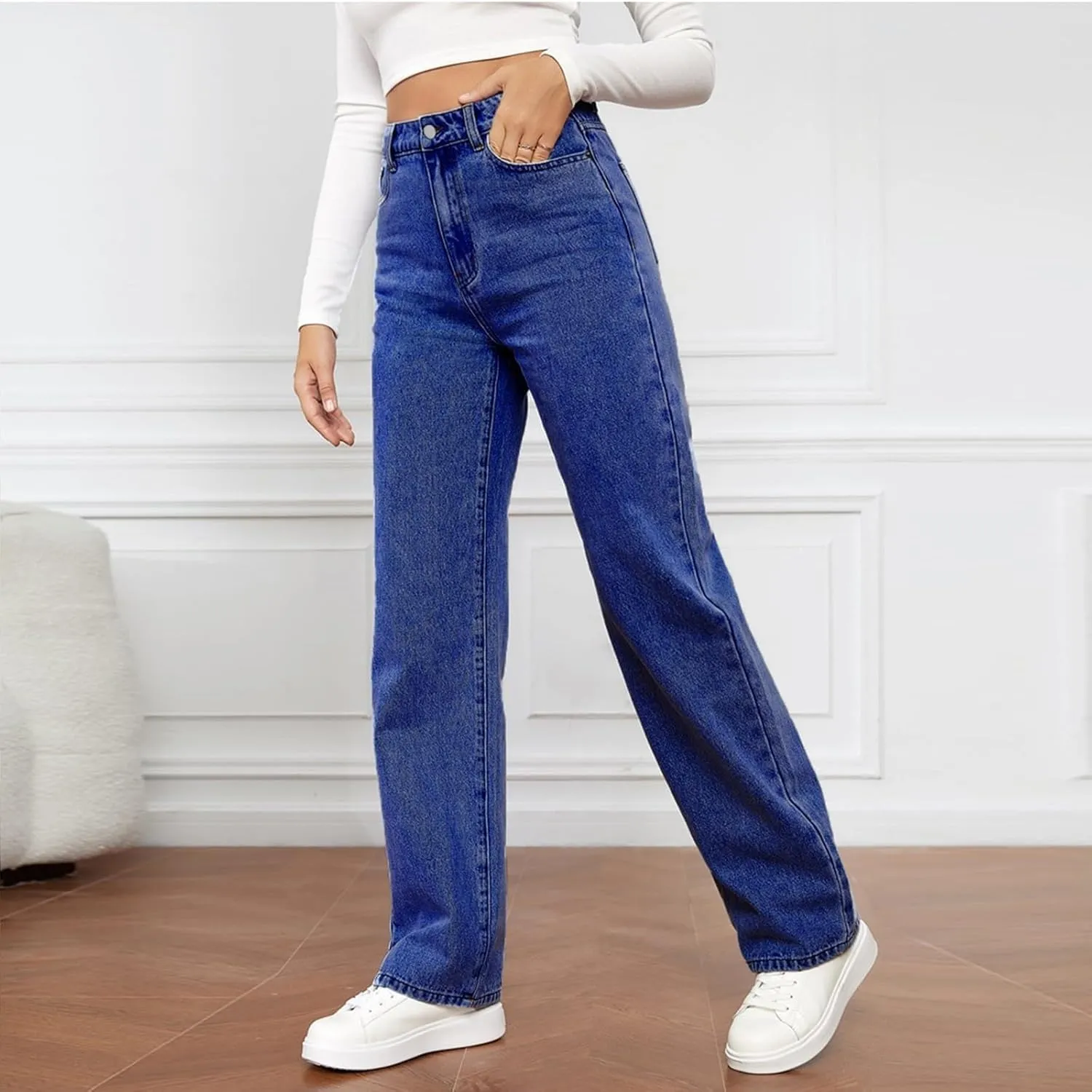 Straight Leg Jeans for Women,Trendy Retro High Waisted Wide Leg Stretch Boyfriend Denim Pants