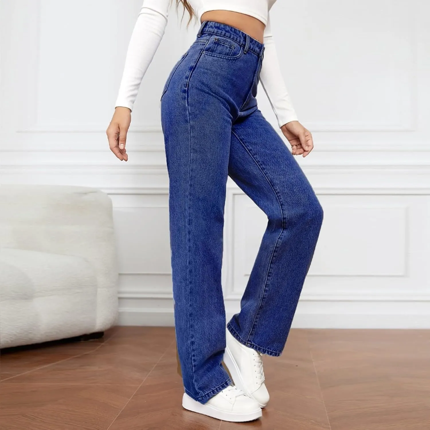 Straight Leg Jeans for Women,Trendy Retro High Waisted Wide Leg Stretch Boyfriend Denim Pants