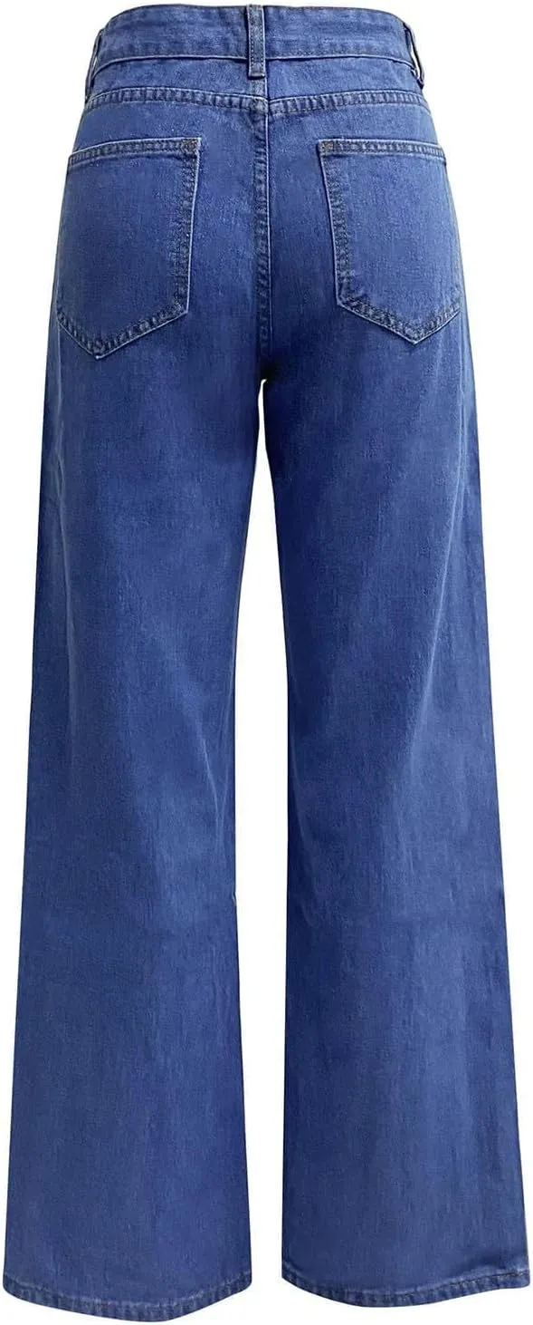 Straight Leg Jeans for Women,Trendy Retro High Waisted Wide Leg Stretch Boyfriend Denim Pants