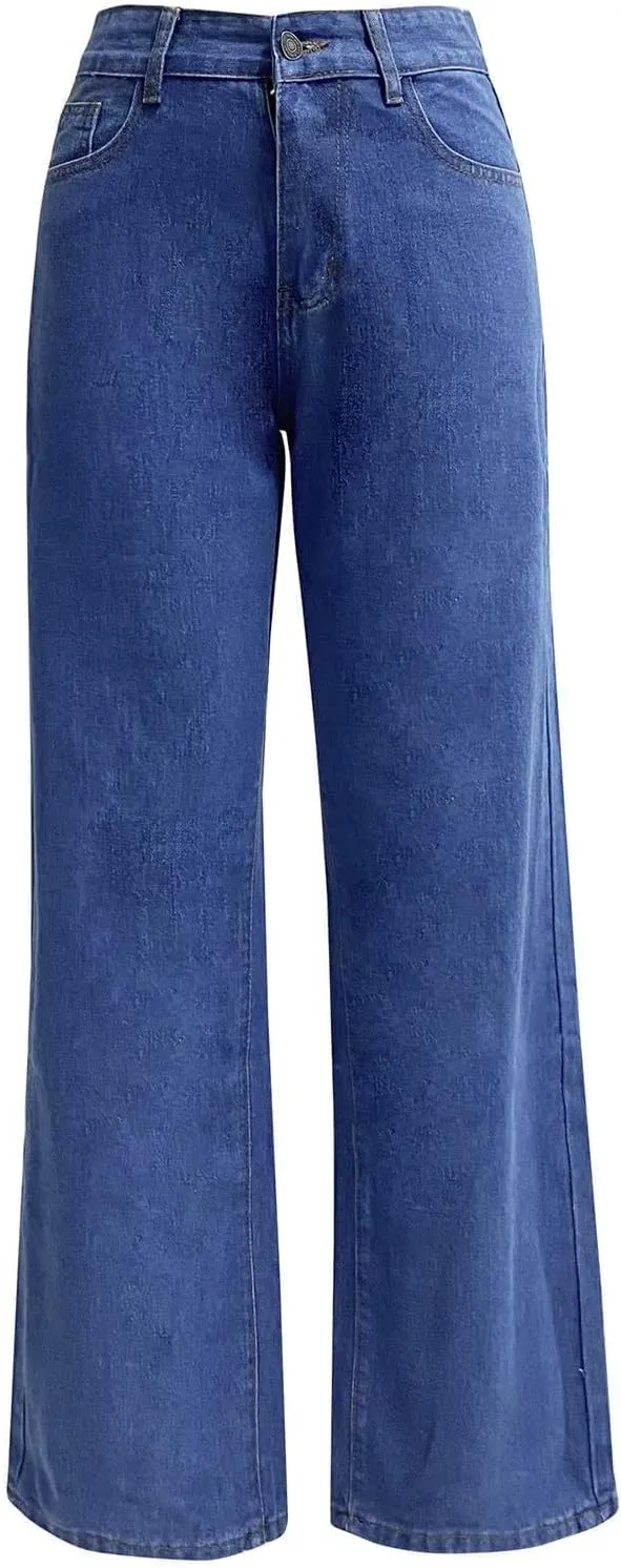Straight Leg Jeans for Women,Trendy Retro High Waisted Wide Leg Stretch Boyfriend Denim Pants