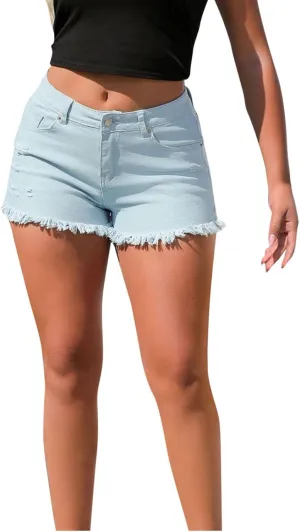 Stretchy Jean Shorts for Women High Waisted Blue Denim Ripped Hem Summer 2025 Trendy Y2K Jeans Shorts