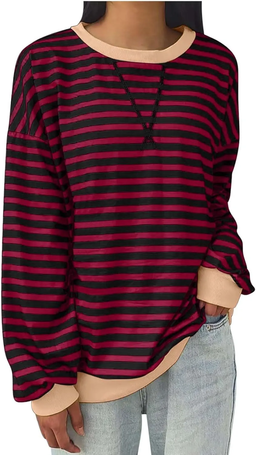 Striped Color Block Sweatshirt for Women Oversized Casual Crewneck Tops Long Sleeve Fleece Fashion Loose Fit Sweater