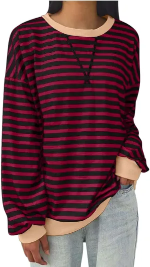 Striped Color Block Sweatshirt for Women Oversized Casual Crewneck Tops Long Sleeve Fleece Fashion Loose Fit Sweater