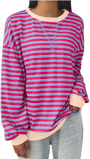 Striped Color Block Sweatshirt for Women Oversized Casual Crewneck Tops Long Sleeve Fleece Fashion Loose Fit Sweater