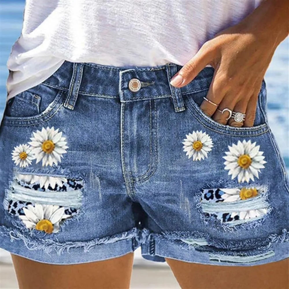 Summer Floral High Waist Ripped Denim Shorts Printed Women's Jeans(Size:Large), Blue