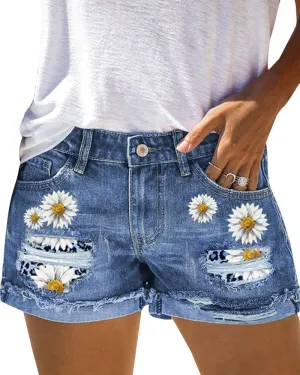 Summer Floral High Waist Ripped Denim Shorts Printed Women's Jeans(Size:Large), Blue
