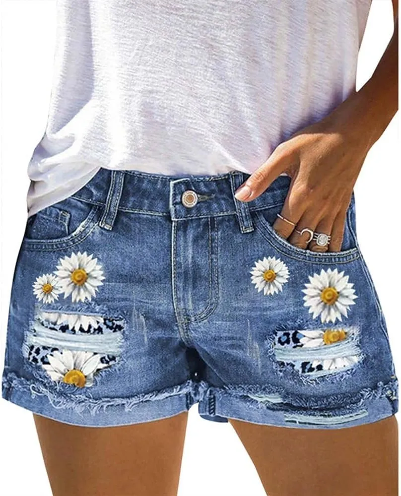 Summer Floral High Waist Ripped Denim Shorts Printed Women's Jeans(Size:Large), Blue