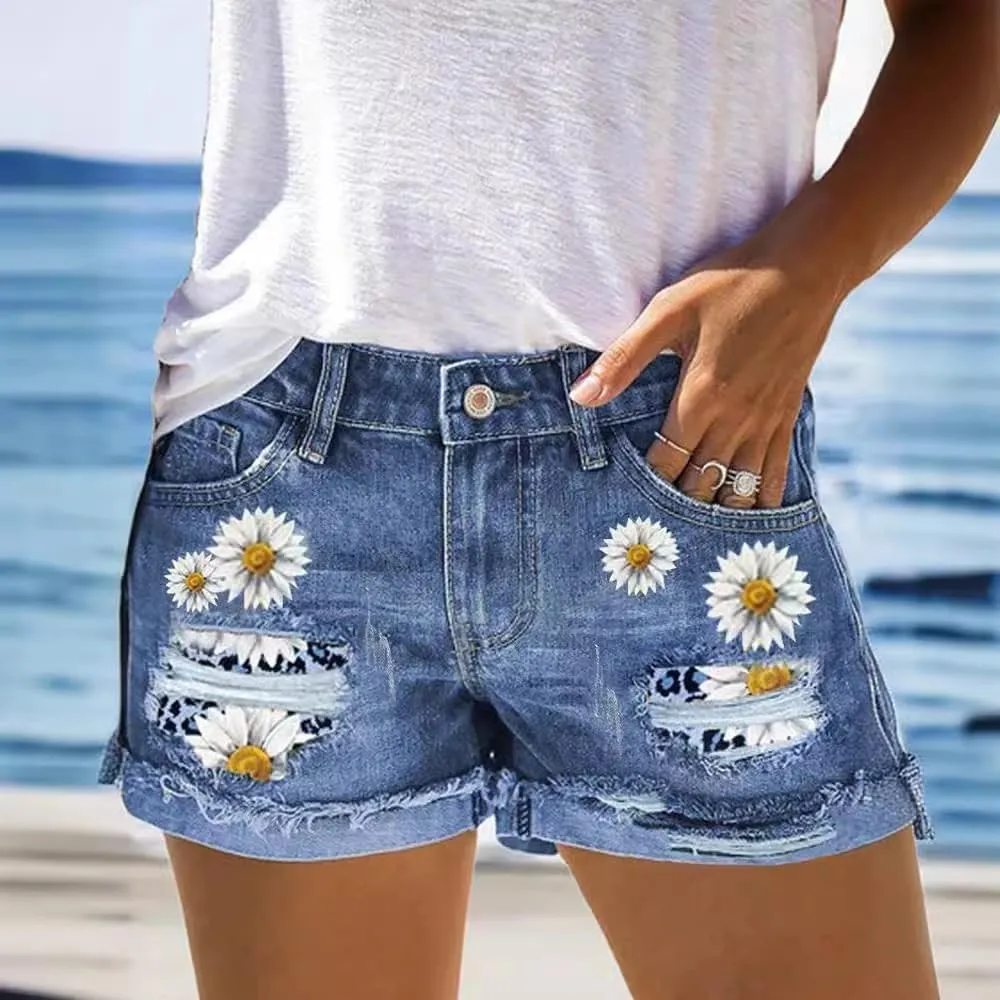 Summer Floral High Waist Ripped Denim Shorts Printed Women's Jeans(Size:Large), Blue