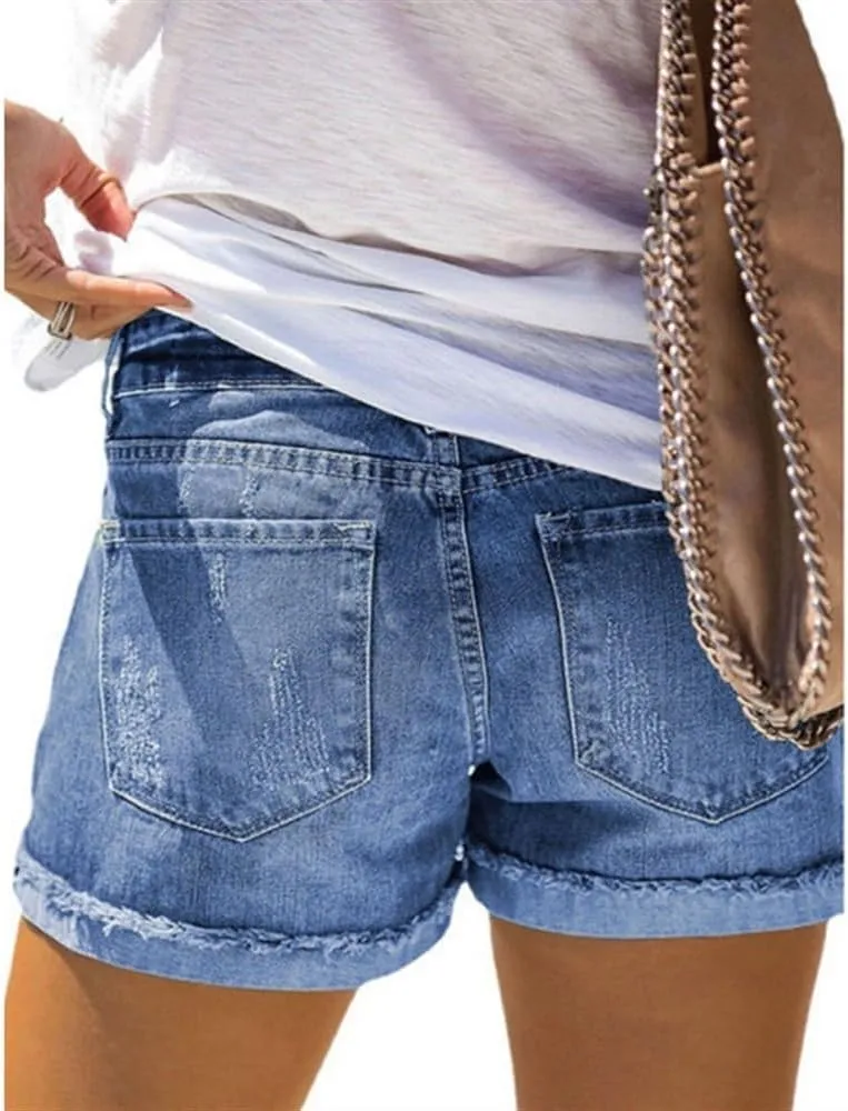 Summer Floral High Waist Ripped Denim Shorts Printed Women's Jeans(Size:Large), Blue