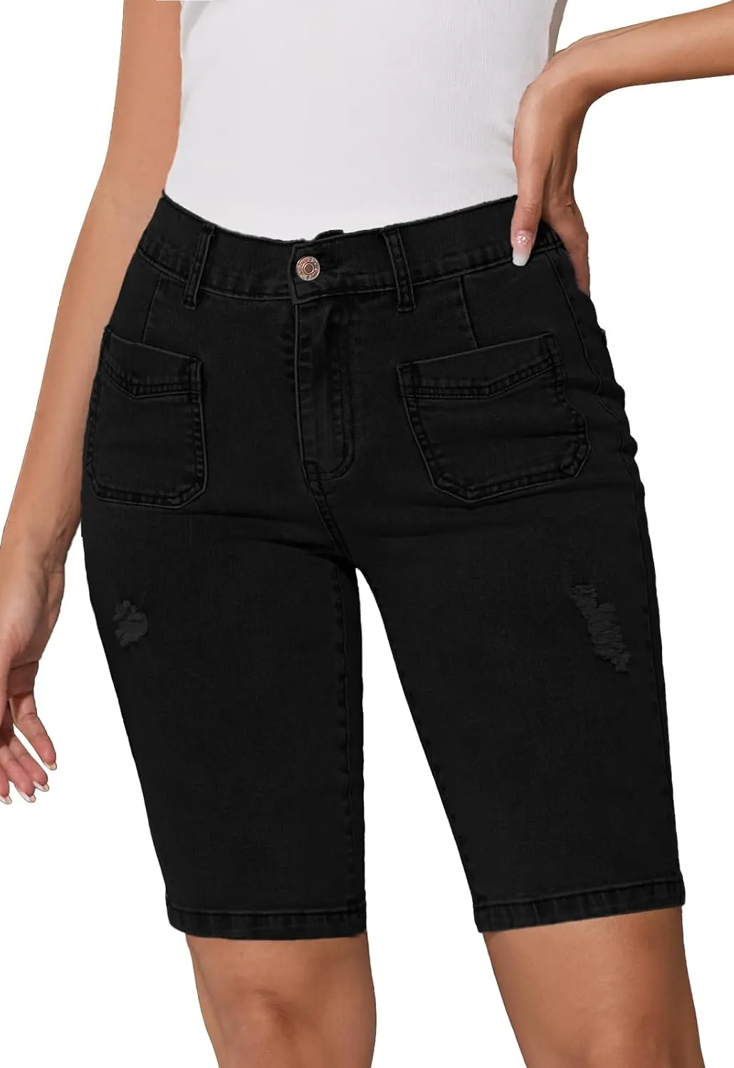 Summer Jean Shorts for Women Elastic High Waisted Ripped Casual Bermuda Shorts Mom Short