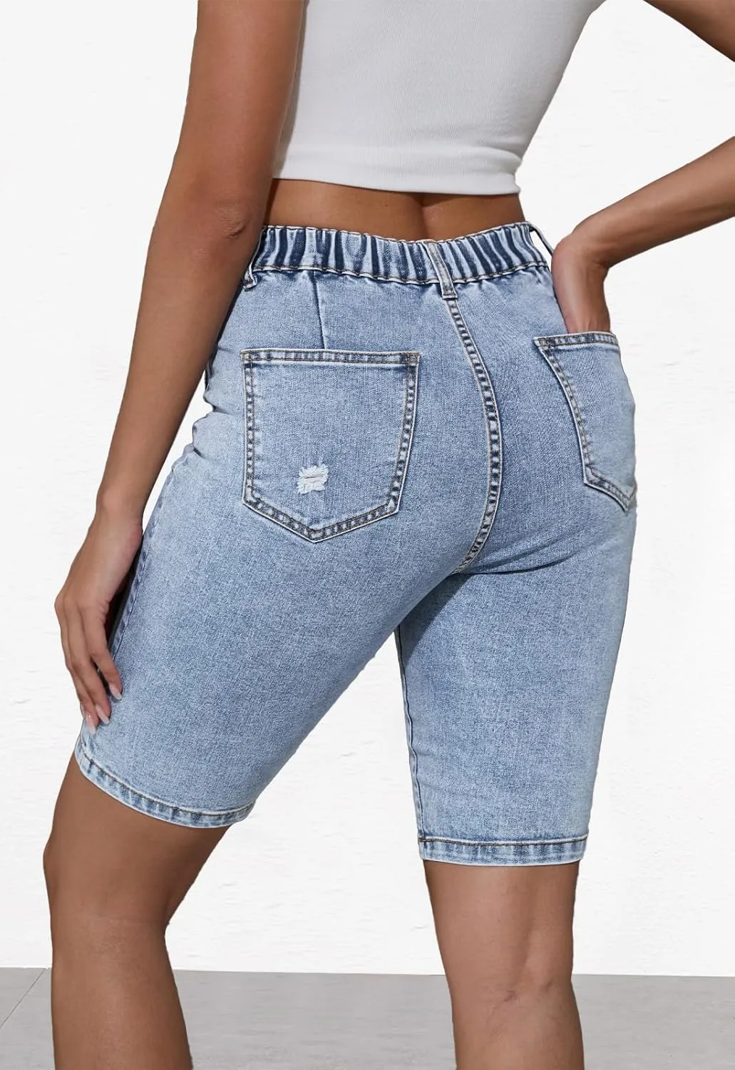 Summer Jean Shorts for Women Elastic High Waisted Ripped Casual Bermuda Shorts Mom Short