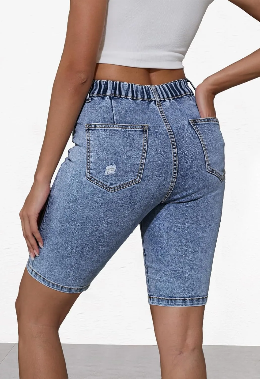 Summer Jean Shorts for Women Elastic High Waisted Ripped Casual Bermuda Shorts Mom Short