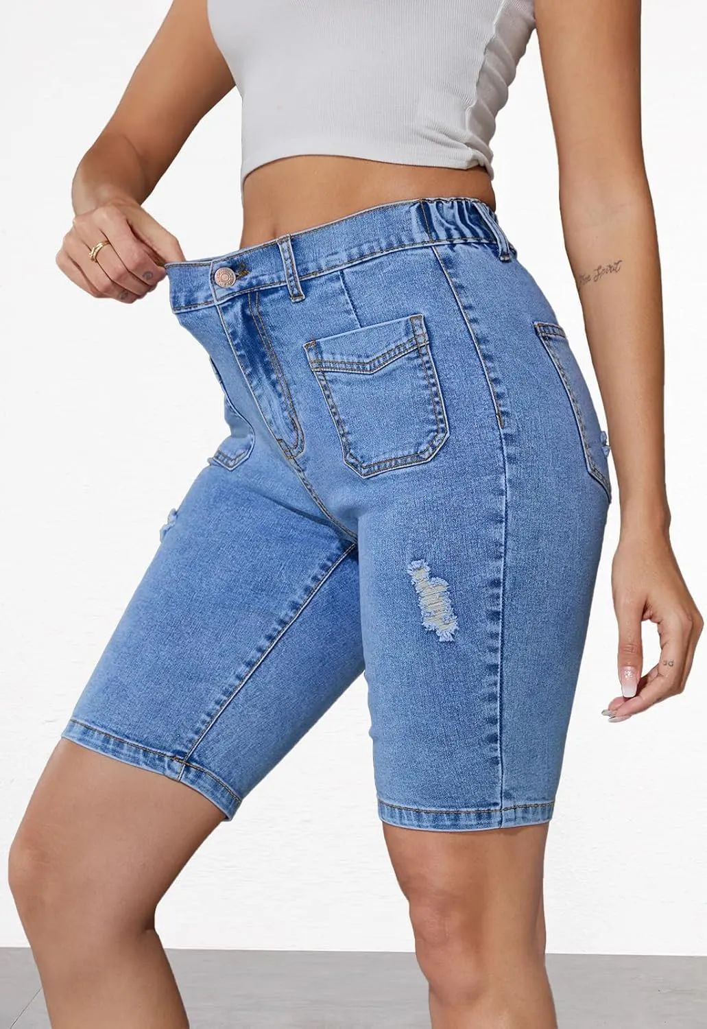 Summer Jean Shorts for Women Elastic High Waisted Ripped Casual Bermuda Shorts Mom Short