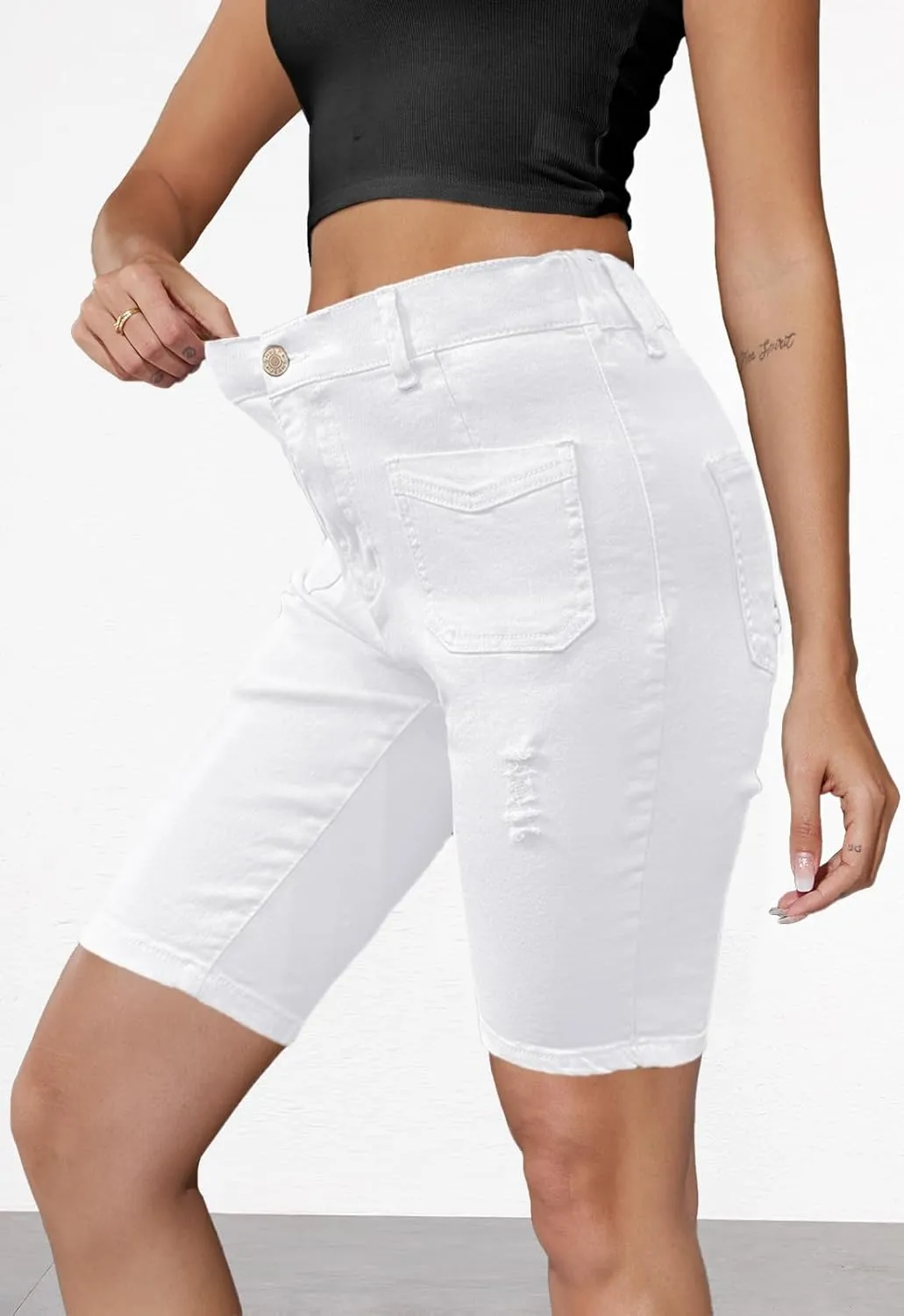 Summer Jean Shorts for Women Elastic High Waisted Ripped Casual Bermuda Shorts Mom Short
