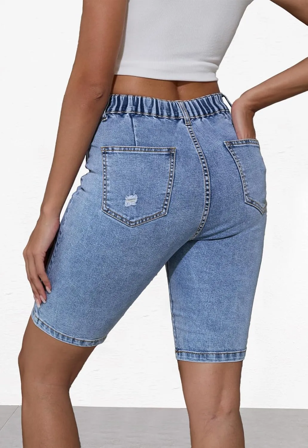 Summer Jean Shorts for Women Elastic High Waisted Ripped Casual Bermuda Shorts Mom Short