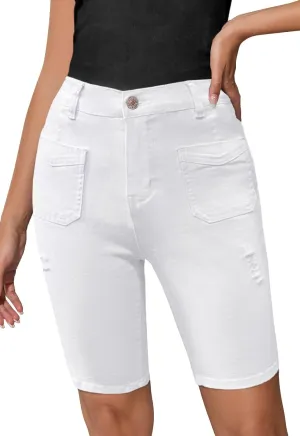 Summer Jean Shorts for Women Elastic High Waisted Ripped Casual Bermuda Shorts Mom Short