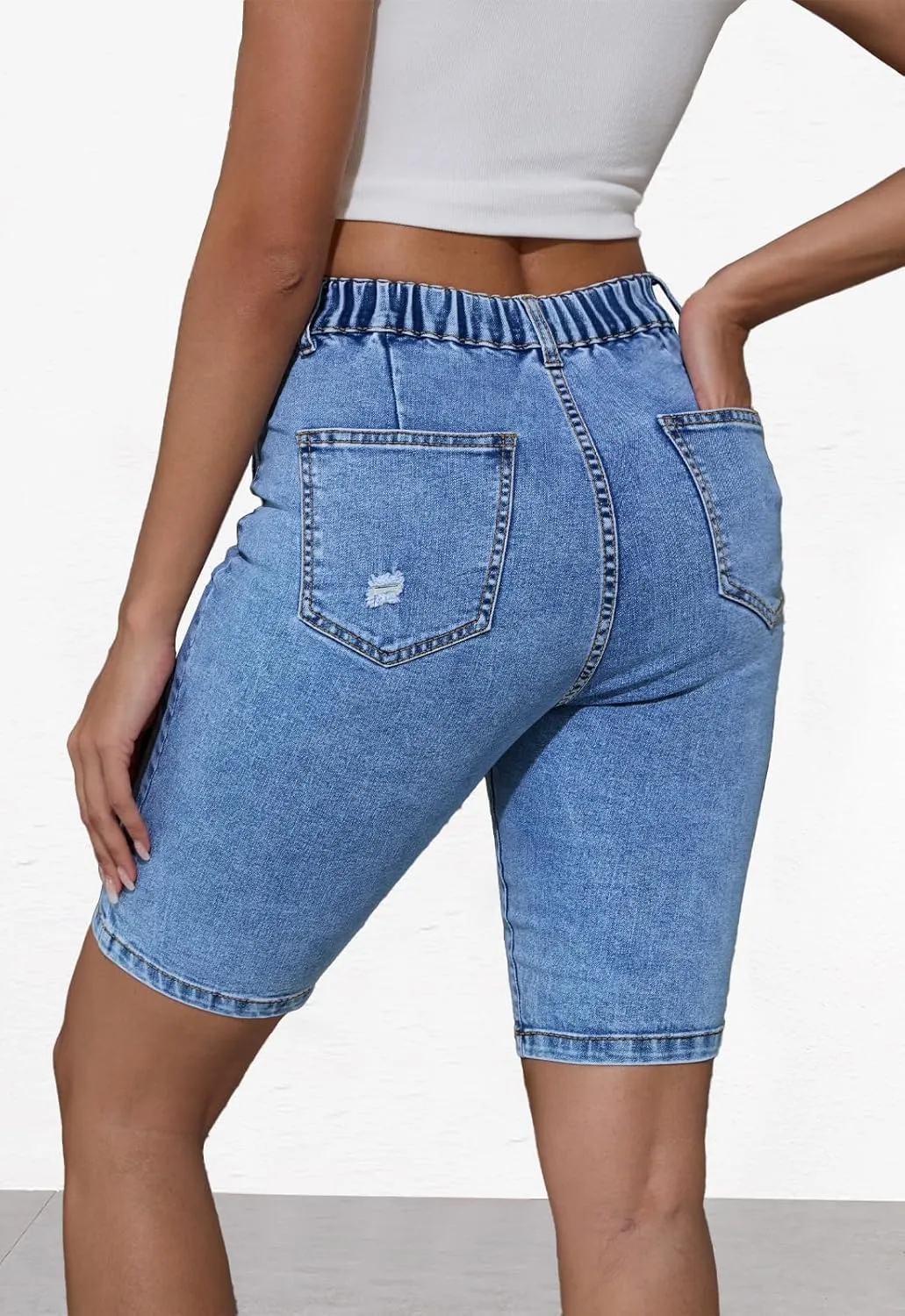 Summer Jean Shorts for Women Elastic High Waisted Ripped Casual Bermuda Shorts Mom Short