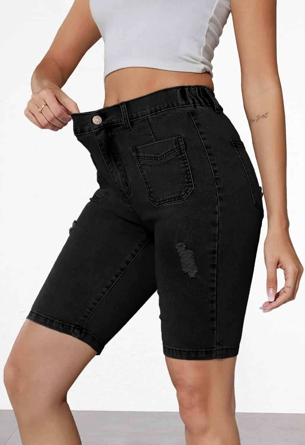 Summer Jean Shorts for Women Elastic High Waisted Ripped Casual Bermuda Shorts Mom Short