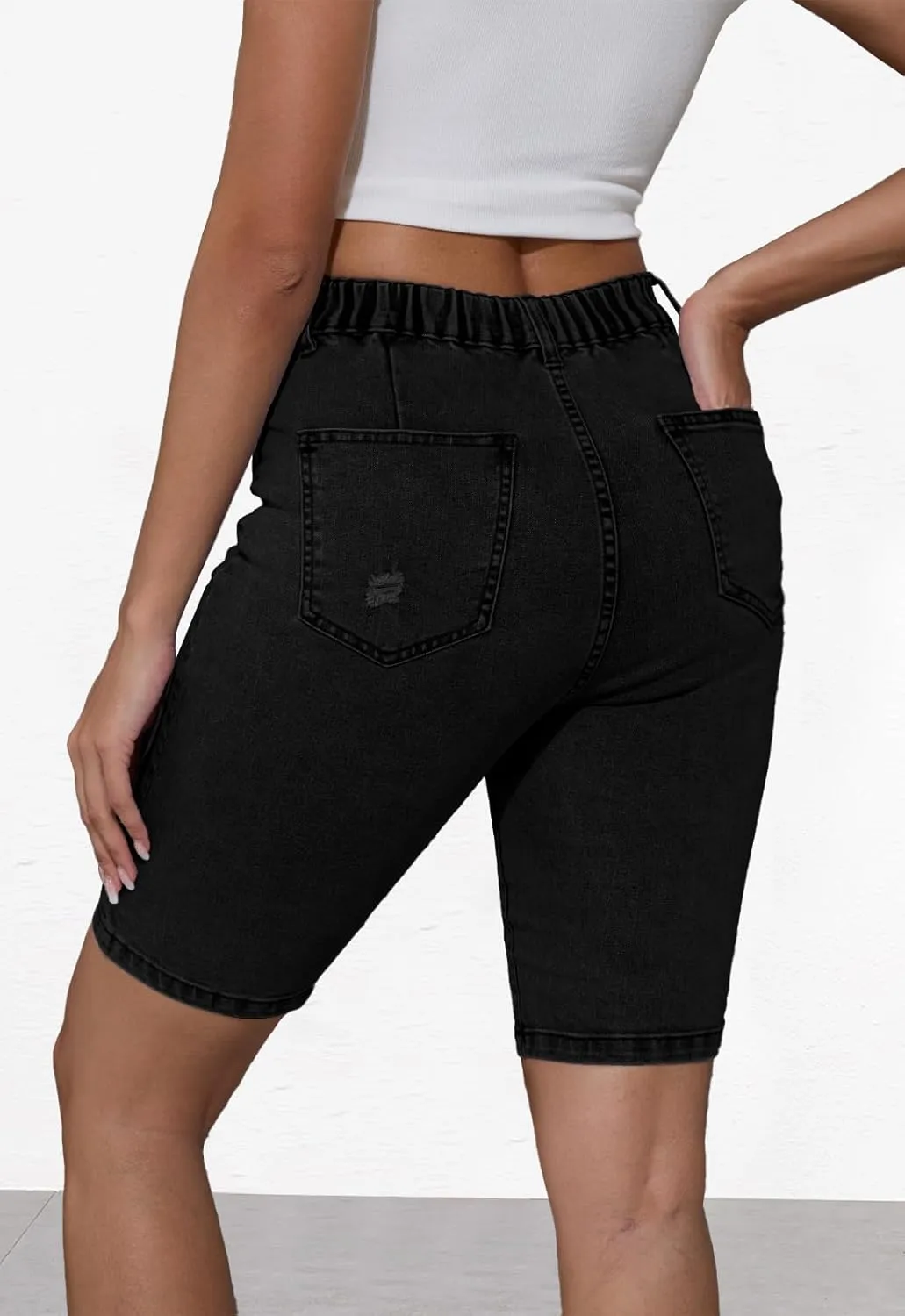 Summer Jean Shorts for Women Elastic High Waisted Ripped Casual Bermuda Shorts Mom Short