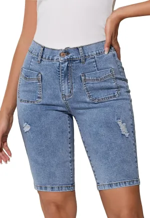 Summer Jean Shorts for Women Elastic High Waisted Ripped Casual Bermuda Shorts Mom Short