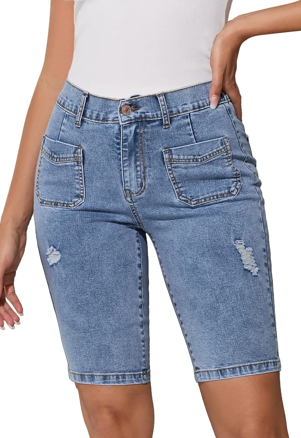 Summer Jean Shorts for Women Elastic High Waisted Ripped Casual Bermuda Shorts Mom Short