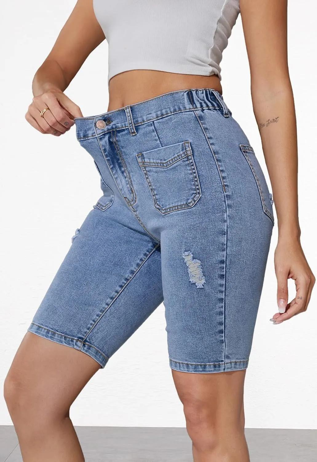 Summer Jean Shorts for Women Elastic High Waisted Ripped Casual Bermuda Shorts Mom Short