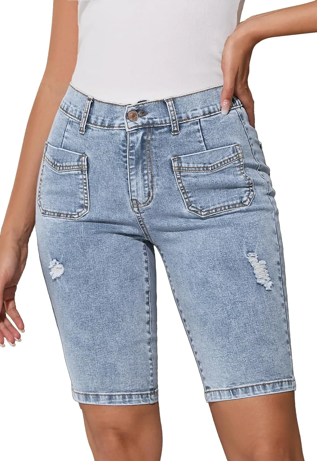 Summer Jean Shorts for Women Elastic High Waisted Ripped Casual Bermuda Shorts Mom Short