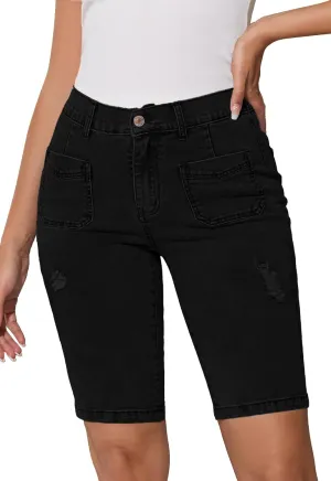 Summer Jean Shorts for Women Elastic High Waisted Ripped Casual Bermuda Shorts Mom Short