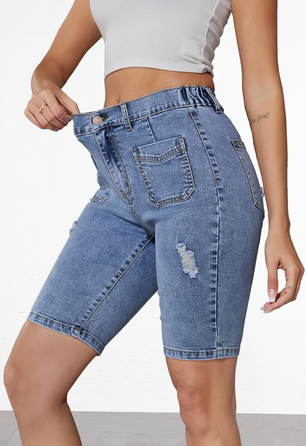 Summer Jean Shorts for Women Elastic High Waisted Ripped Casual Bermuda Shorts Mom Short